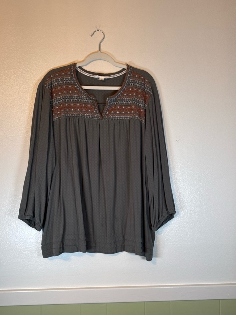 Nurture by Westbound Charcoal Tunic with Rust Embroidery